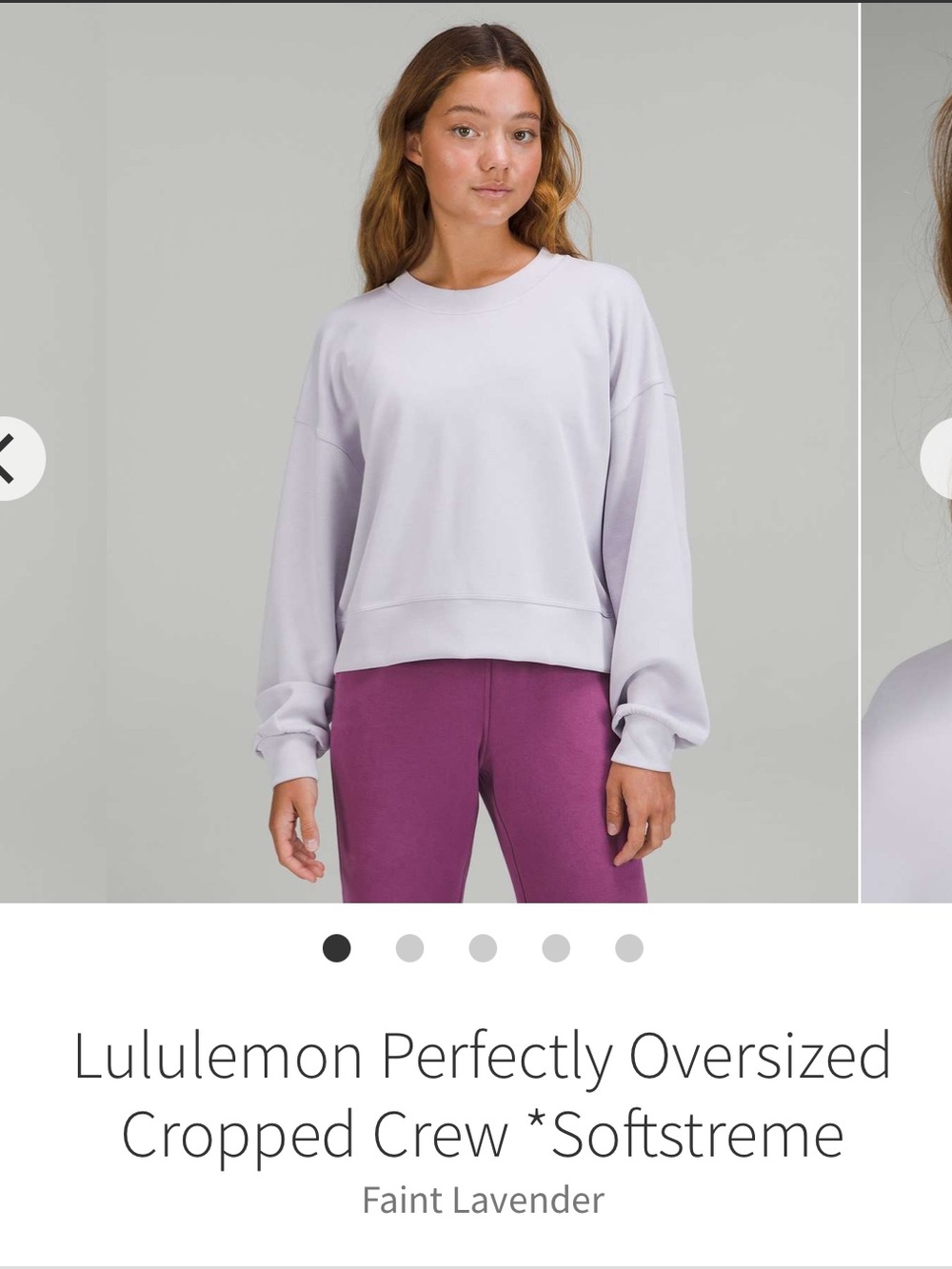 Lululemon Perfectly Oversized
Cropped Crew Softstreme
Faint Lavender Size 4 EUC